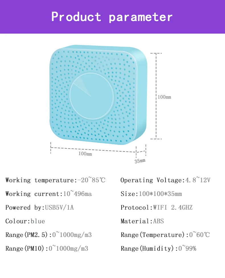 Tuya Smart WiFi PM25 Air Quality Sensor PM10 Temperature and Humidity Four-in-One Air Detector Smart Home Tuya Sensor