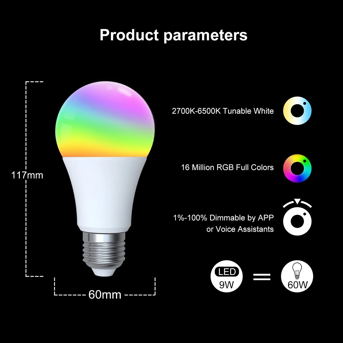 TNCE Tuya E27 Bulb Bluetooth/WIFI/Zigbee, Dimmable Light LED lamp 2700-6500k RGB, Smart Life APP, Voice with Alexa Google Home