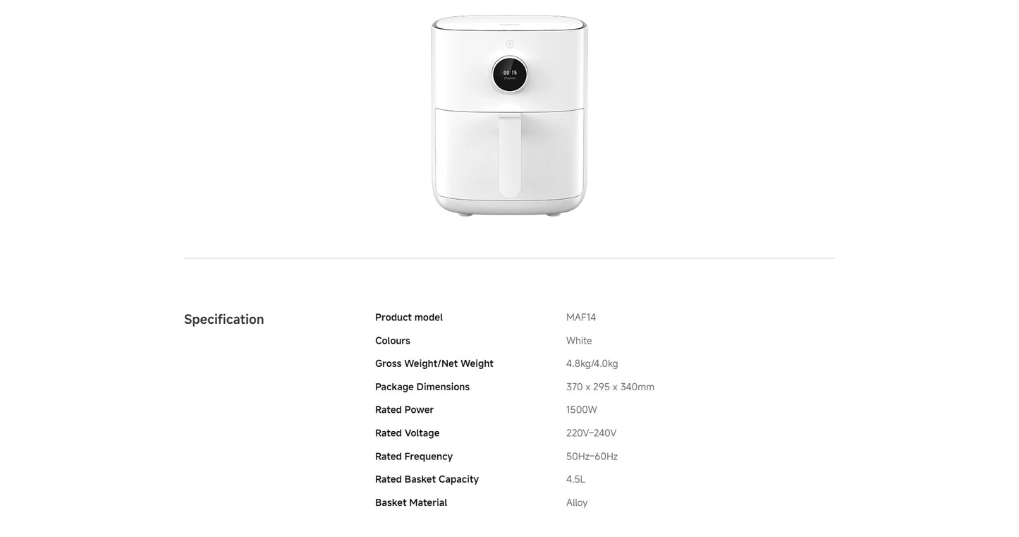 [Officiel] Xiaomi Smart Air Fryer 4.5 Liter | Chauffage par convection à 360°，Large plage de températures de 40 à 200 °C