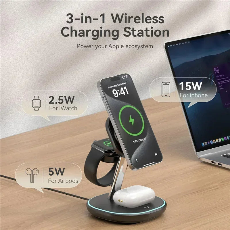 3 in 1 Magnetic Wireless Charger Stand Desk Phone Holder for Magsafe Iphone 16 15 14 13 Iwatch 1-9 Airpods Fast Charging Station