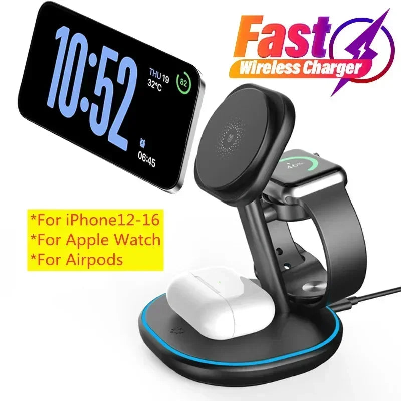 3 in 1 Magnetic Wireless Charger Stand Desk Phone Holder for Magsafe Iphone 16 15 14 13 Iwatch 1-9 Airpods Fast Charging Station
